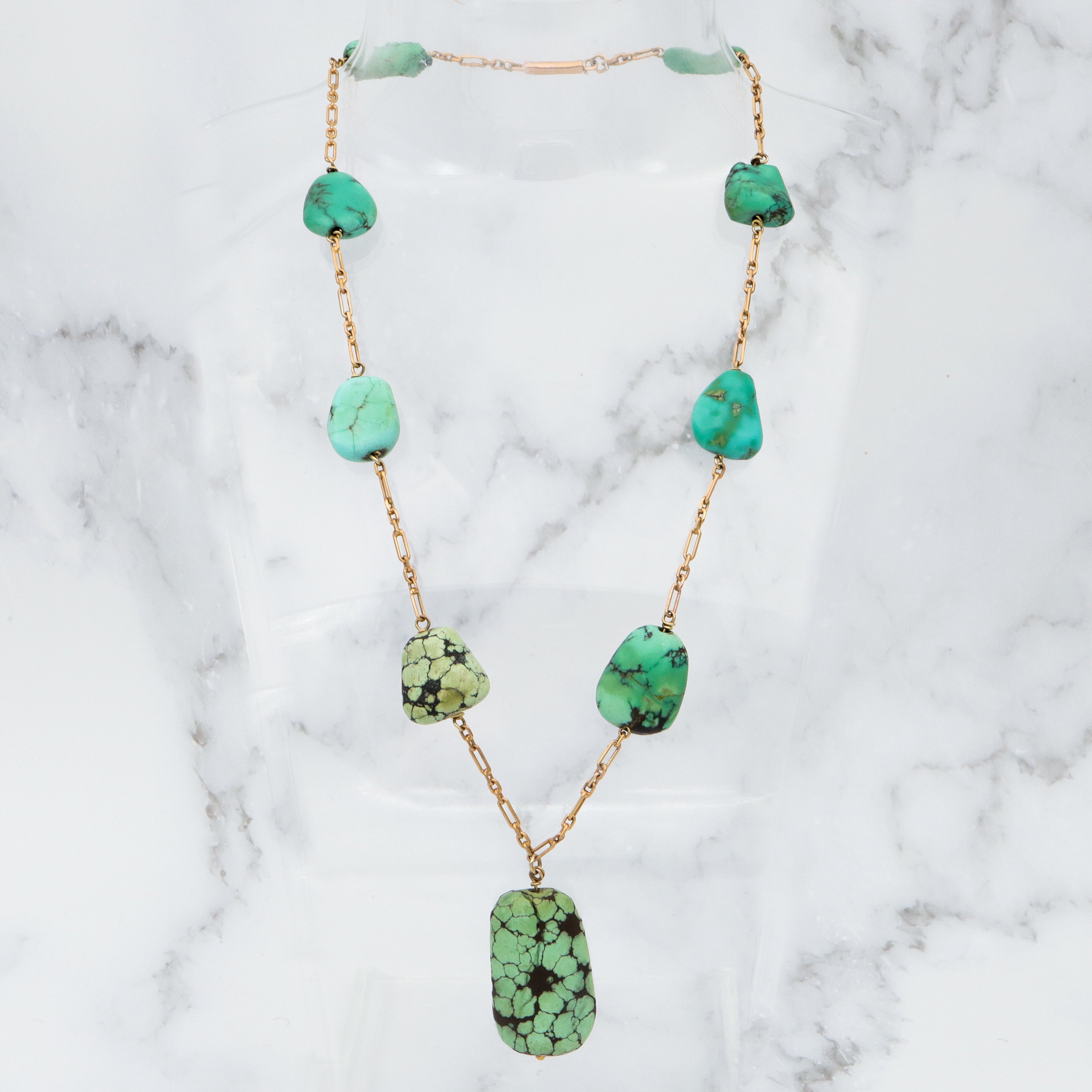 Antique Victorian 14k gold & turquoise bead drop necklace, 16"